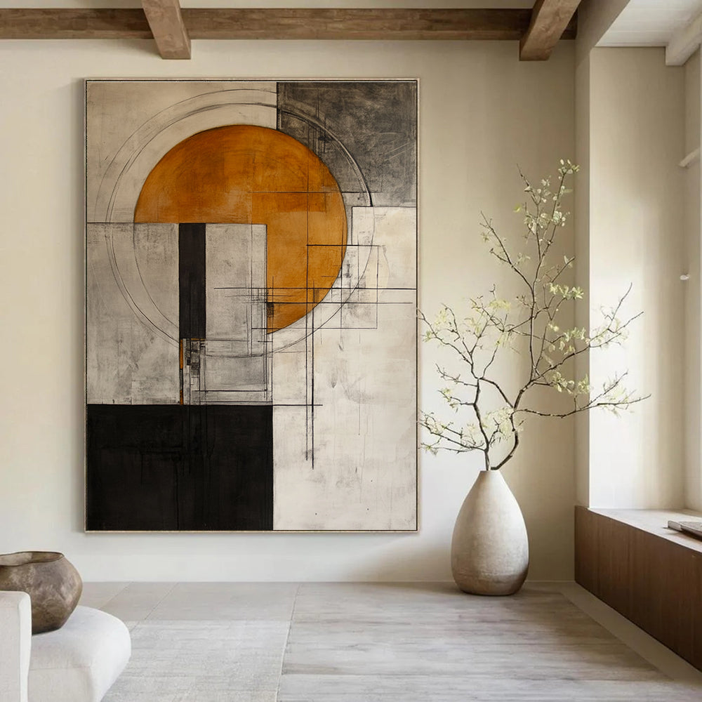 Abstract painting featuring an orange circle on a grey and white background with architectural elements inspired by Peter Driben's style.STSC661