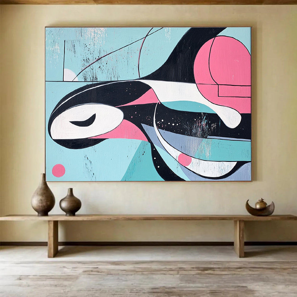 Large abstract painting of an orca featuring lines and shapes inspired by Kandinsky in a pink blue and grey color paletteSC167