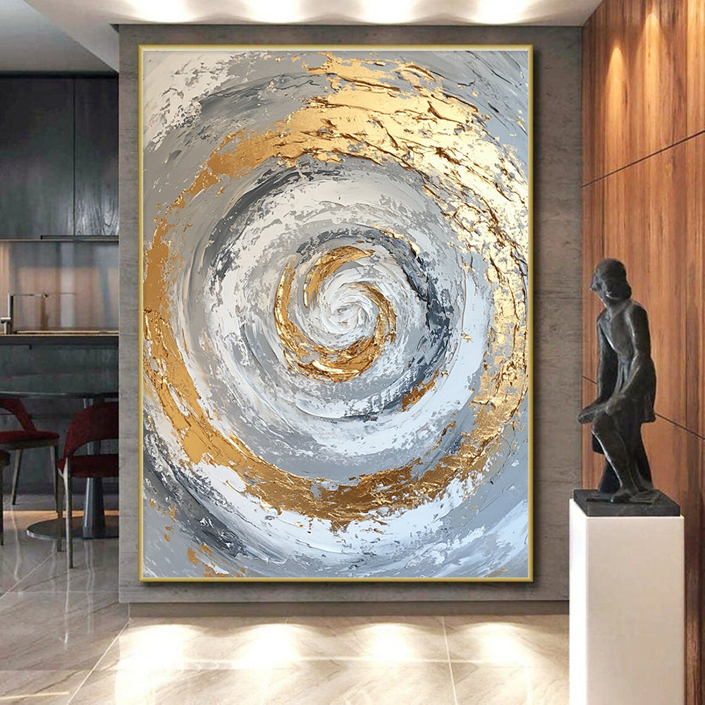 Gold and Silver Swirl Abstract Painting with Textured Layers GER622