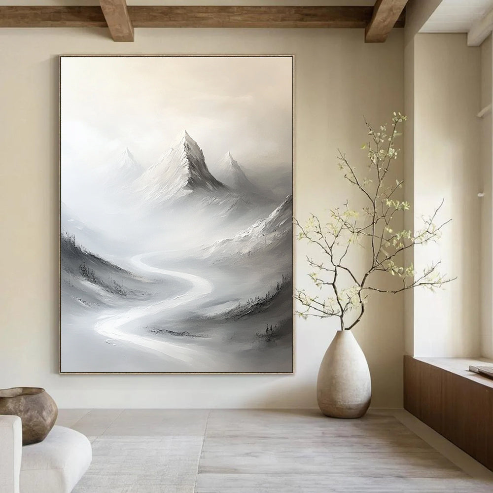 Abstract painting of snow-covered peaks in soft gray tones with a winding road leading to a distant mountain peak.STSC1492