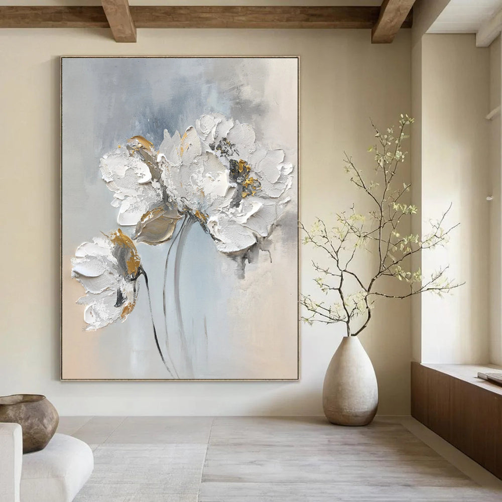 Textured Floral Abstract Painting with Gray and Gold Accents ADGE447