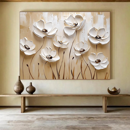 3D White Floral Abstract - Minimalist Botanical Abstract Painting DYP005