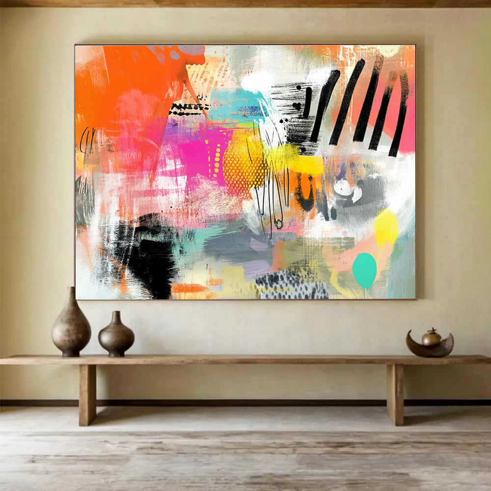 Large abstract painting featuring vibrant patterns and textures in orange pink teal yellow and black with a central blank space for customization.SC005