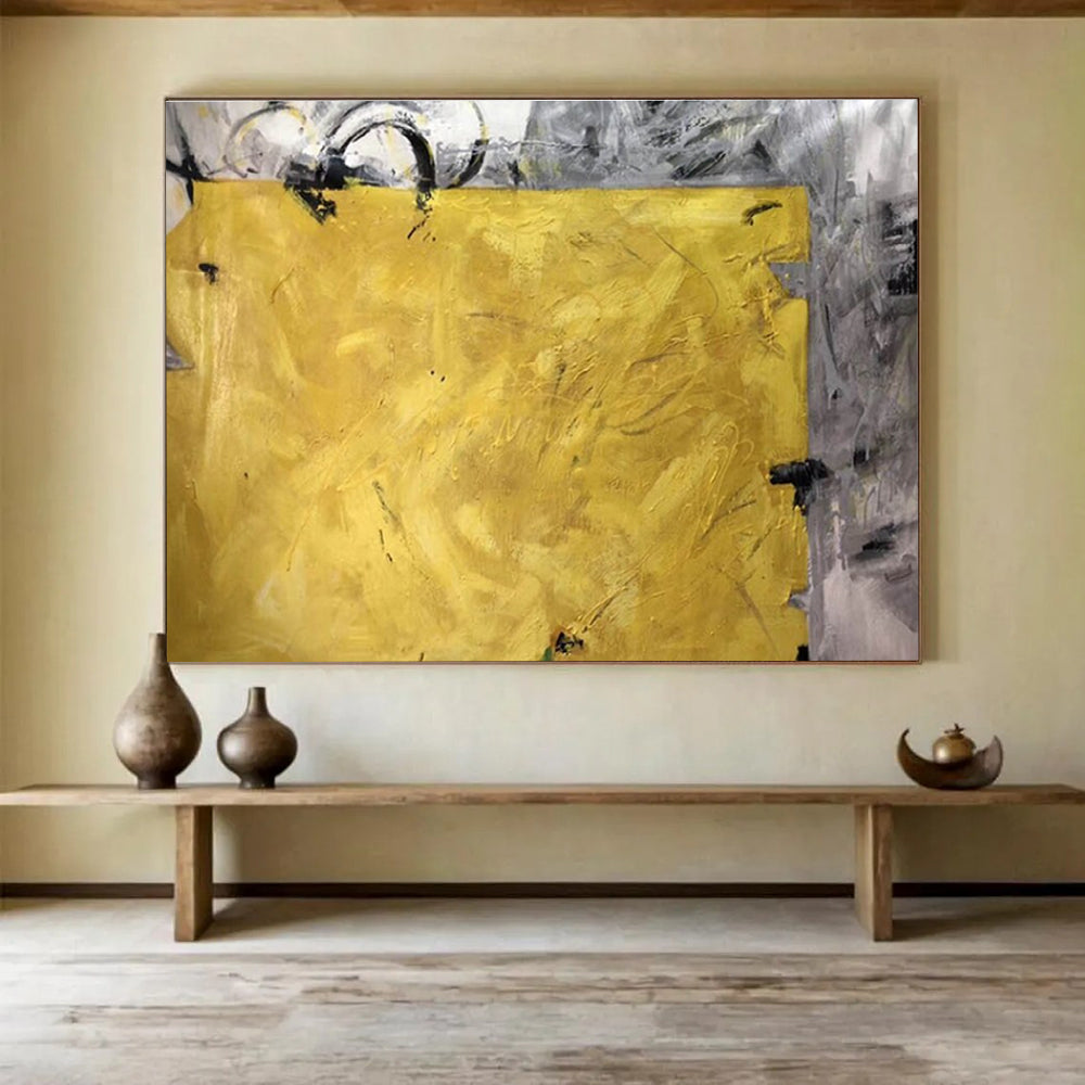 Bold Yellow Abstract Painting with Grey Accents THY153