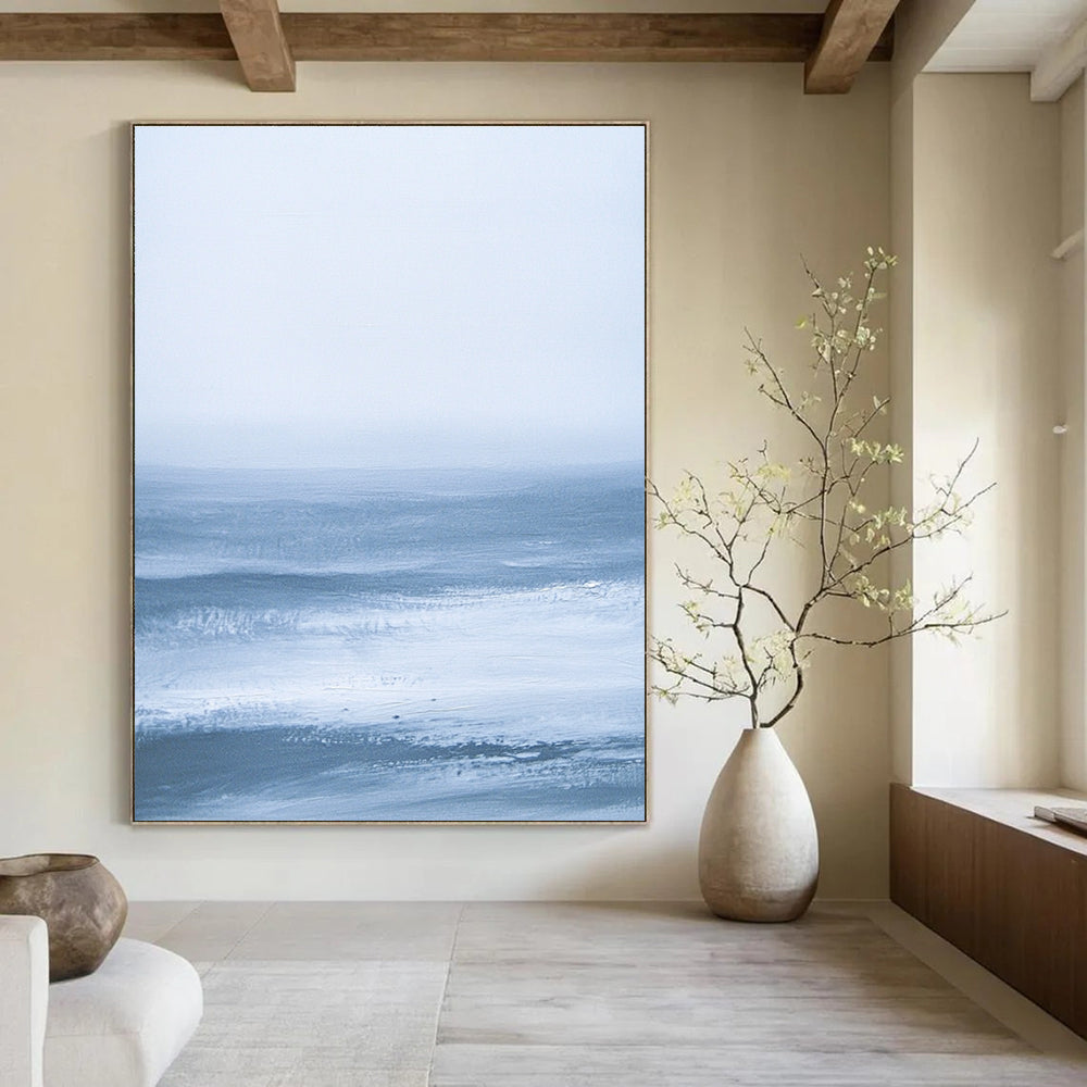 Large abstract painting featuring blue-gray sea minimalism inspired by James Tissot and J.M.W. Turner for a serene and elegant atmosphere.STSC028