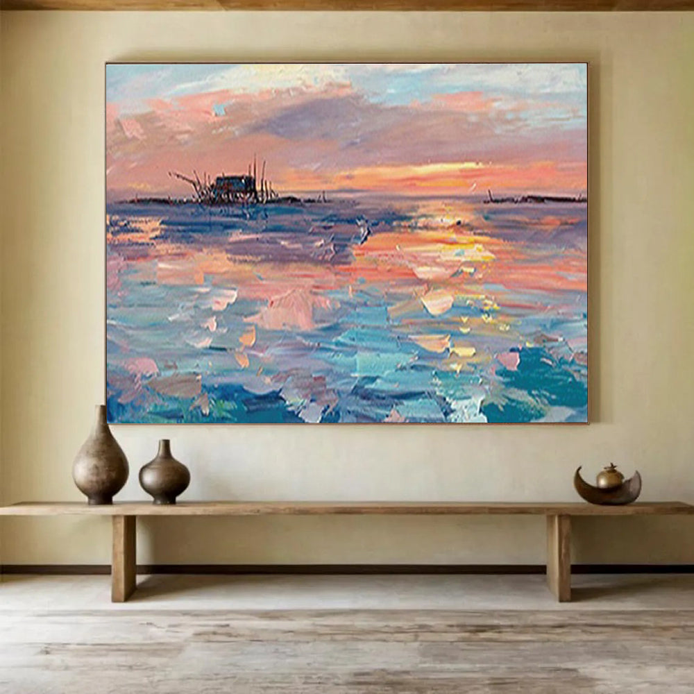 Sunset Fishing Village Abstract Painting with Pink, Orange, and Blue Tones THY205