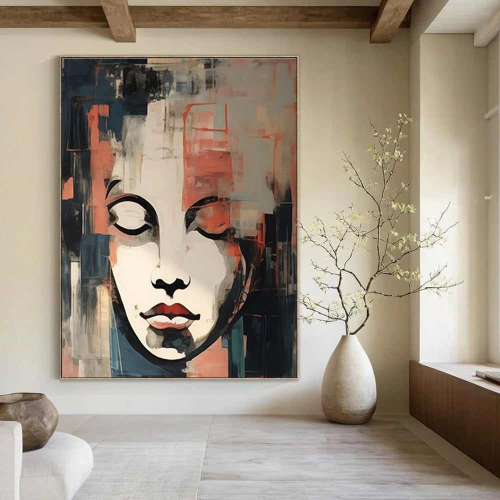 Cubist - Style Portrait Abstract Painting with Red, Blue, and Gray ADGE124