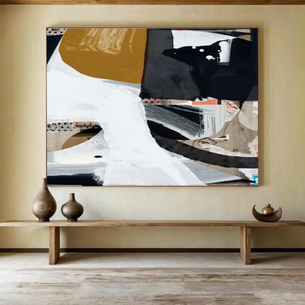 Collage - style Abstract Painting with Black White and Brown THY127