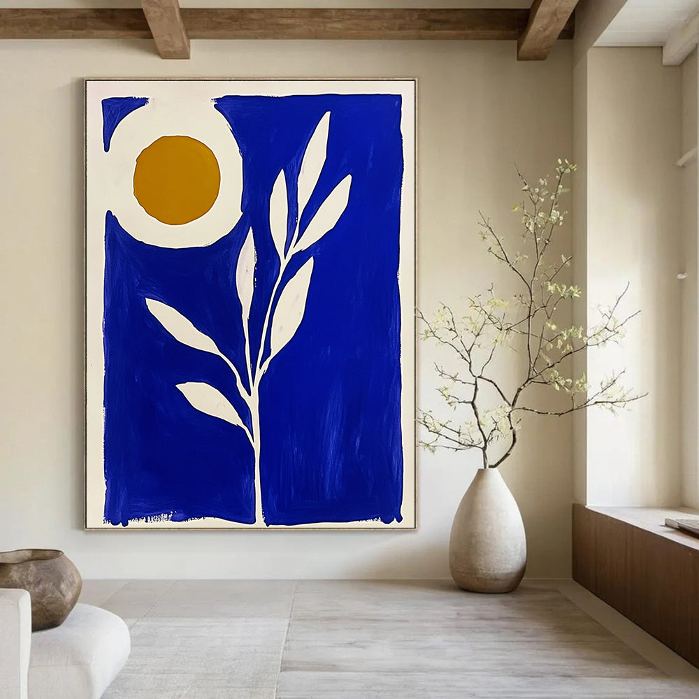 Large abstract painting in blue and white featuring a plant with the sun in a Matisse-inspired block print style.STSC921