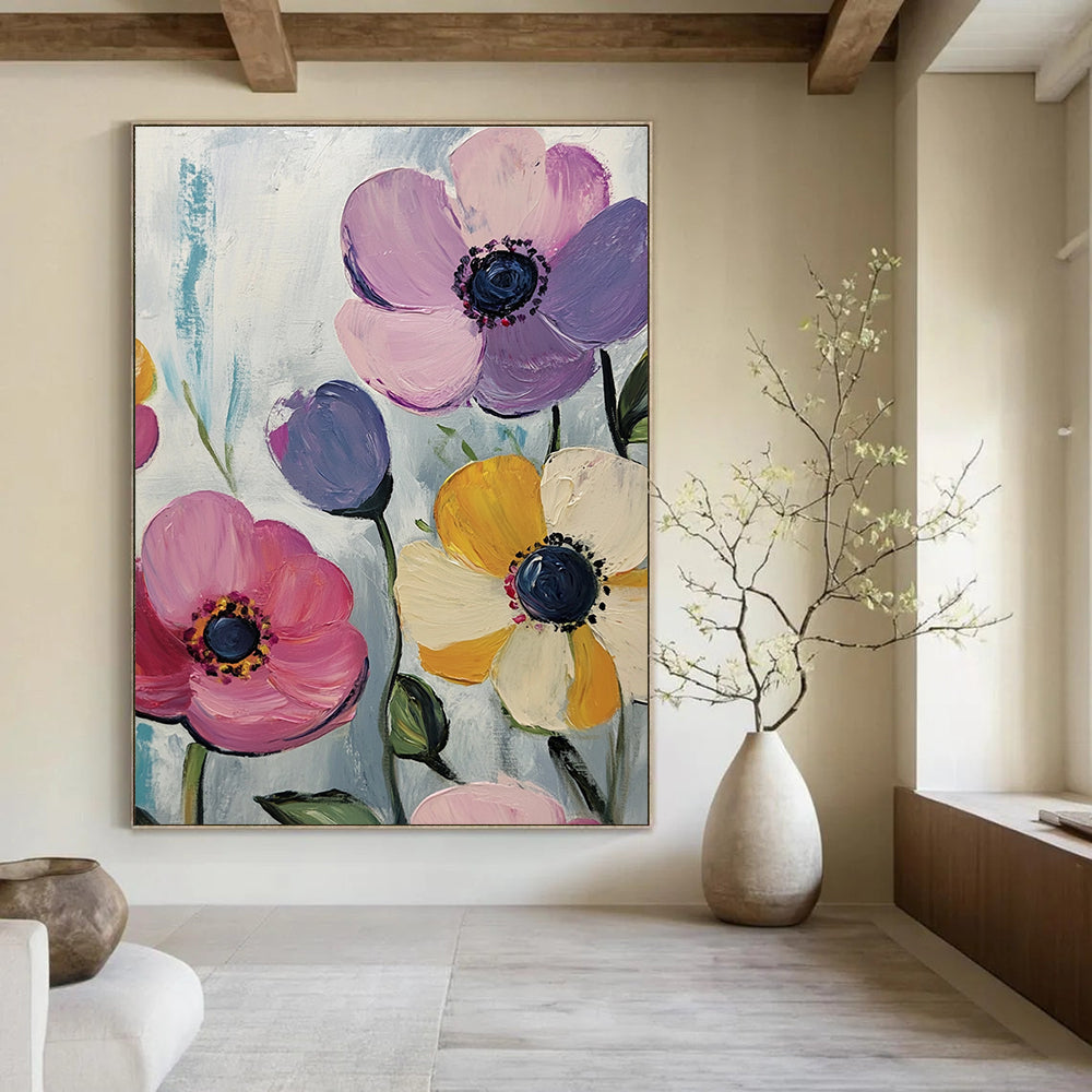 Large abstract painting features pink purple yellow flowers on a white background with blue-green and light gray brushstrokes in acrylic style.STSC999