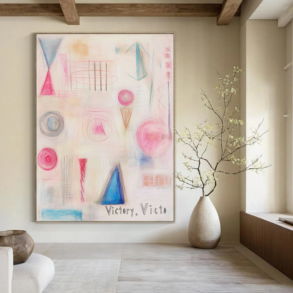 Large abstract painting featuring geometric and organic shapes in pink and blue with a soft texture and delicate color palette.STSC1205