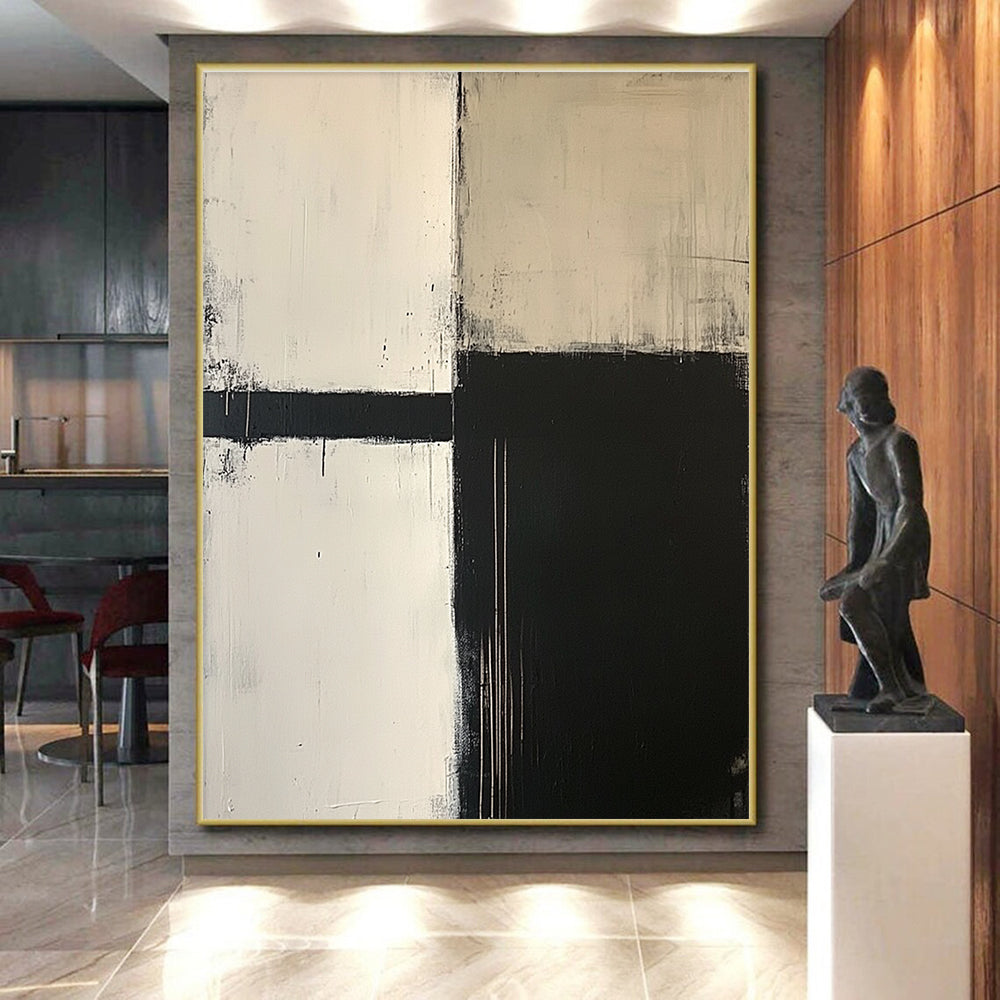 Black and White Minimalist Abstract Painting with Geometric Forms GER650