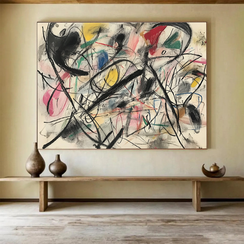 A large abstract painting featuring chaotic movement and energy with bold muted colors creating an exciting composition of fast-moving shapes and lines.SC303