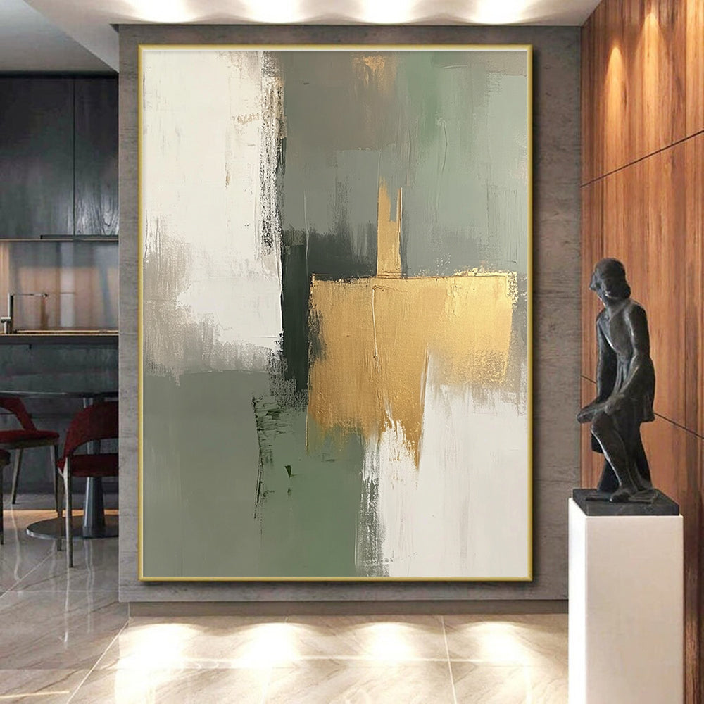 Green Gold and Gray Abstract Painting with Minimalist Geometry GER558
