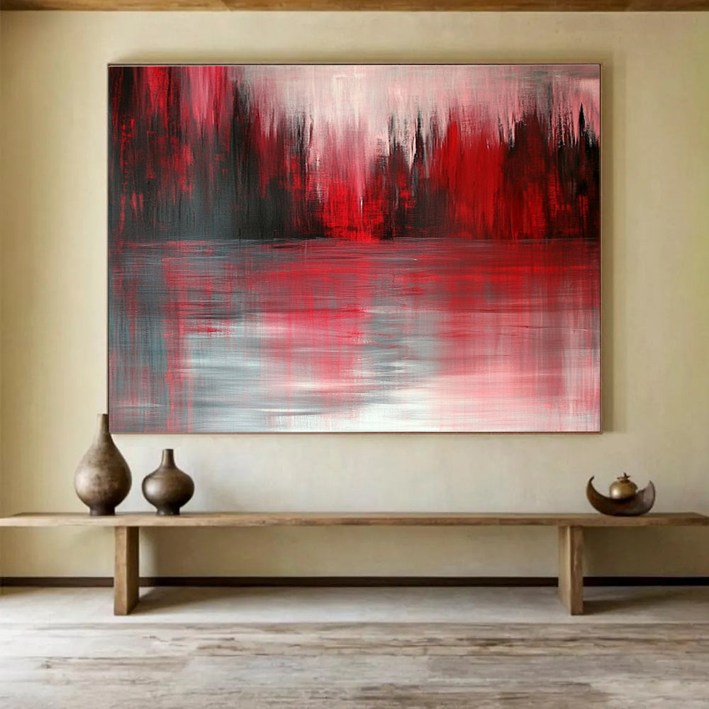 Red and Gray Forest Reflection Abstract Painting with Dramatic Hues DYP331