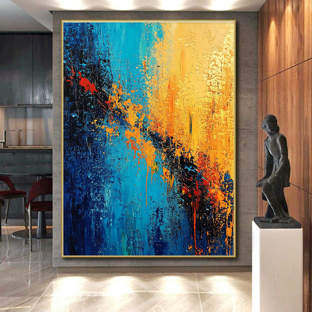 Blue and Orange Abstract Painting with Fiery Contrasts GER387