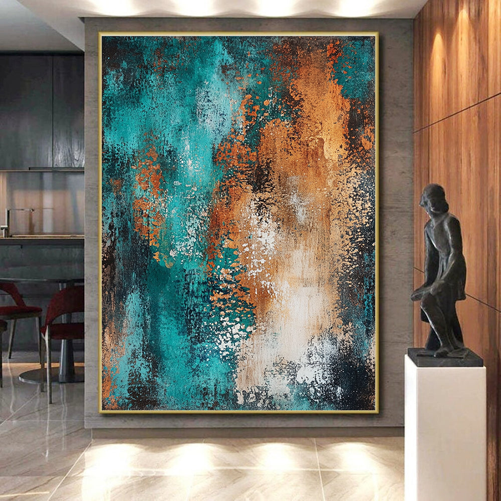 Teal and Orange Textured Abstract Painting with Dynamic Brushstrokes GER208