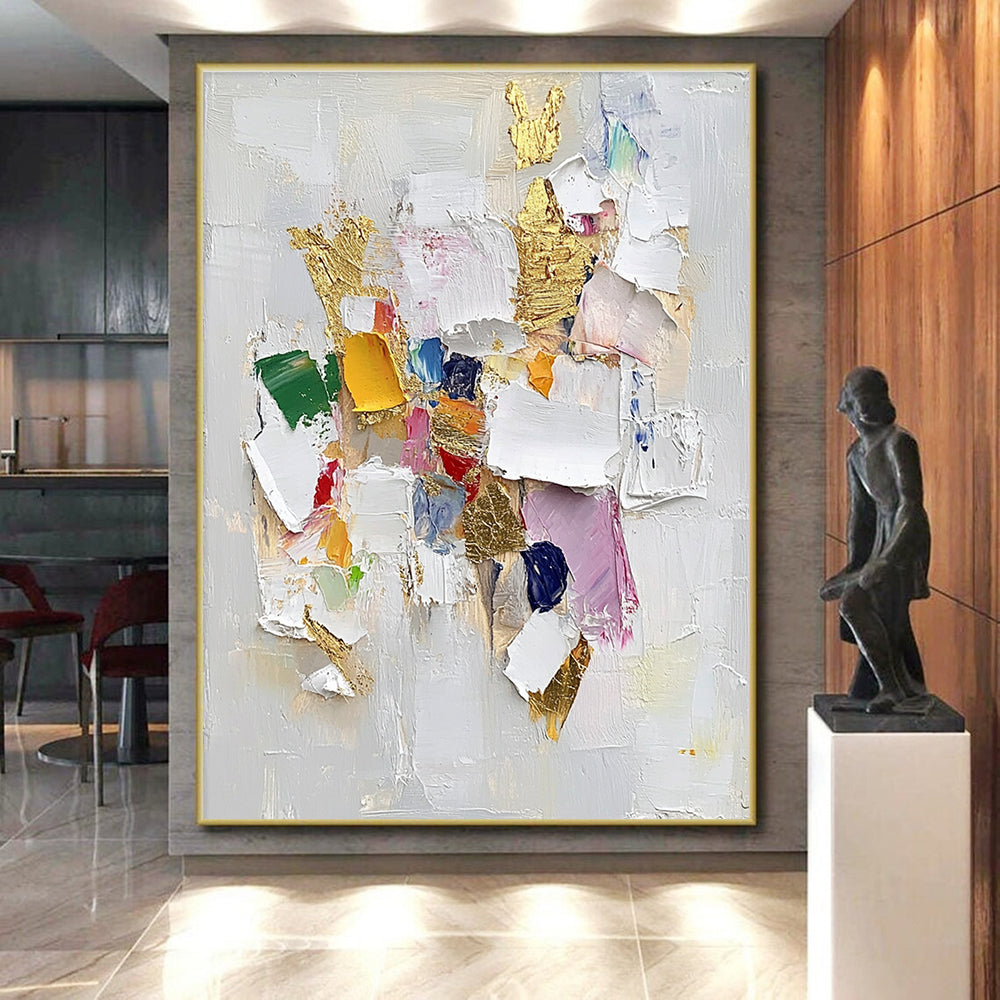 Colorful Patch and Gold Abstract Painting with 3D Effect GER482