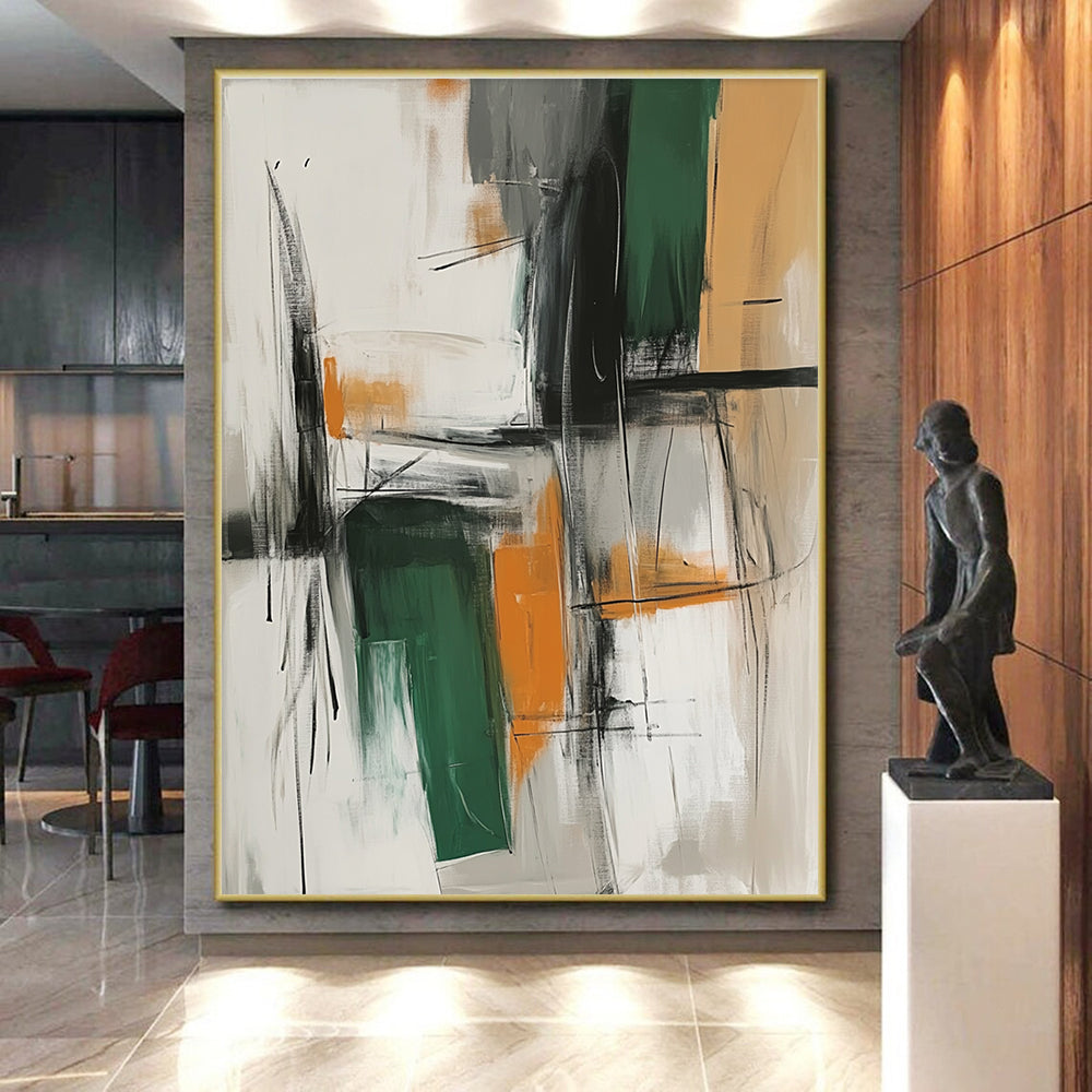 Green Orange Abstract Painting with Intersecting Lines GER817