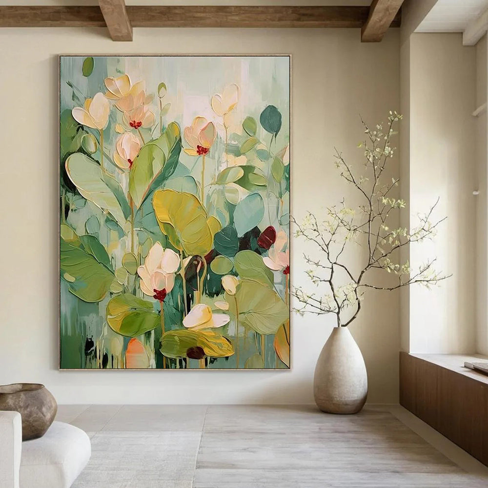 Pastel - toned Flower Abstract Painting with Green and Beige ADGE319
