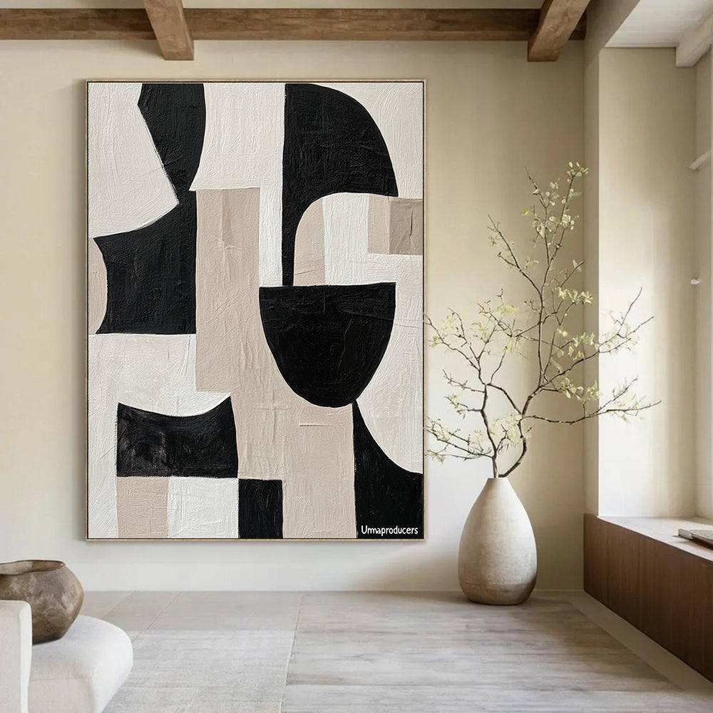 Large abstract painting with overlapping fluid shapes in black and white featuring the word Umaproducers crafted in tape showcasing depth and movement.STSC483