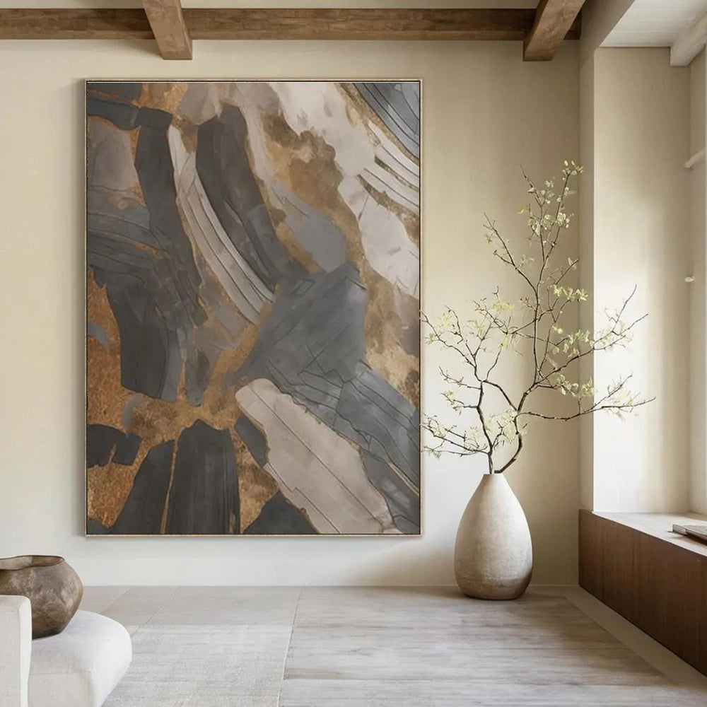 Black, Gray, and Gold Abstract Painting with Textured Layers ADGE137