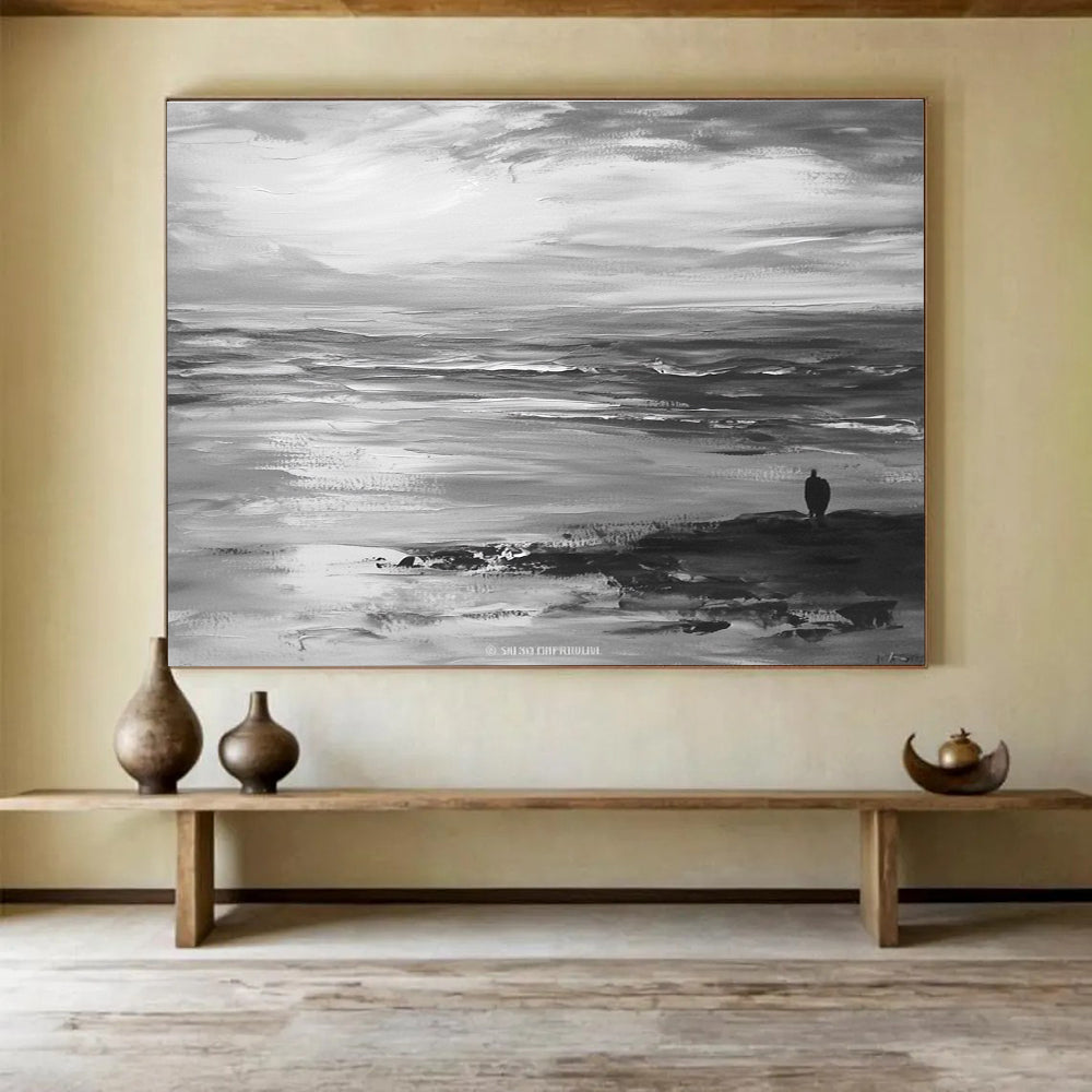 Large abstract painting of the ocean horizon and sky in gray tones with visible brush strokes on canvas.SC015