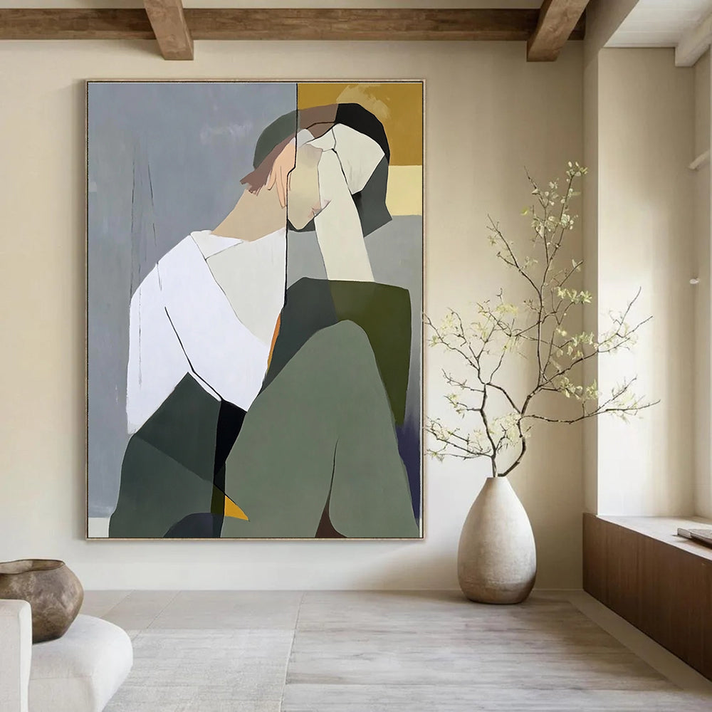 Large abstract painting of a woman with a white shirt and green jacket against a gray-blue background with light yellow accents and visible brushstrokes.STSC1114