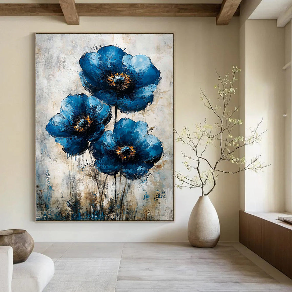 Abstract Blue Flower Painting features vintage flowers art on canvas perfect for enhancing your wall decor and creating a serene atmosphere.STSC040