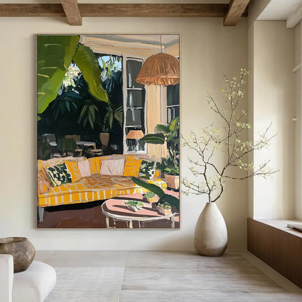 Indoor Outdoor Living Scene Painting with Warm Yellow Tones ADGE435
