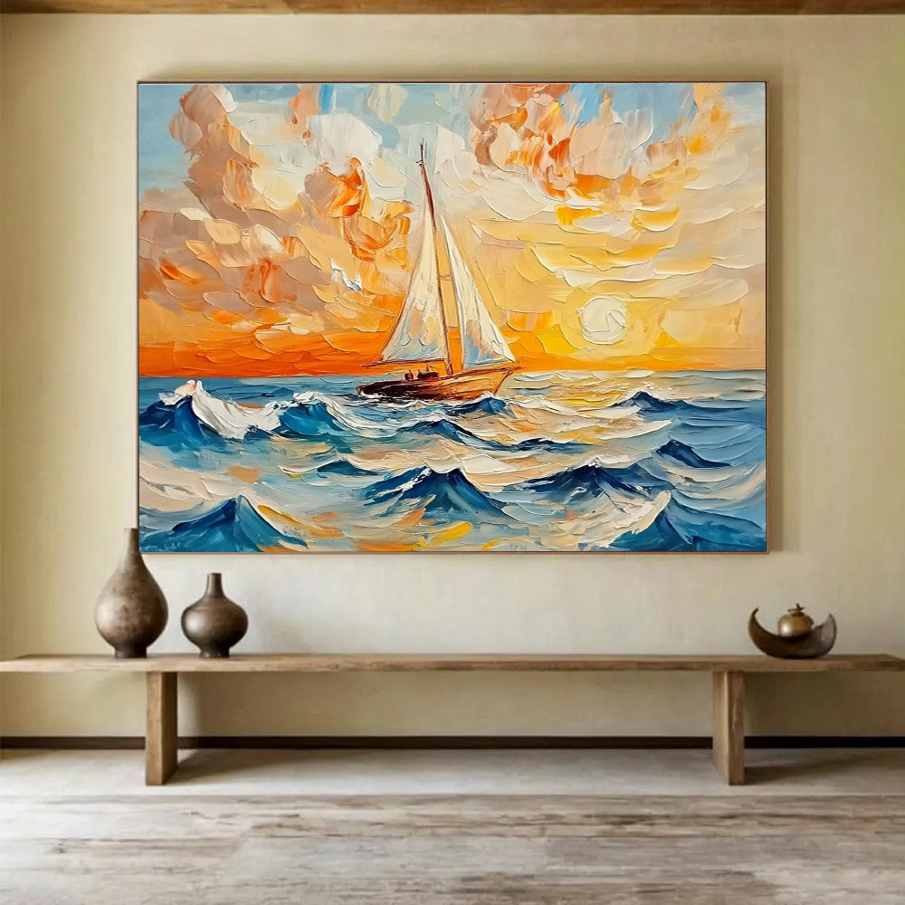 Sailboat Sunset Sea - Textured Seascape Abstract Painting DYP011