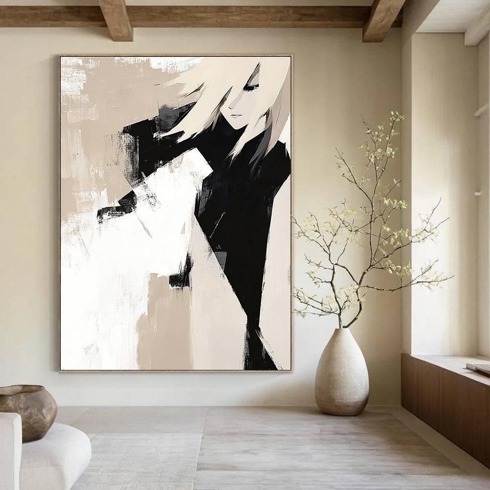 Large abstract painting featuring beige and black blocks on white background with textured layers and strong lines embodying minimalist elegance.STSC408