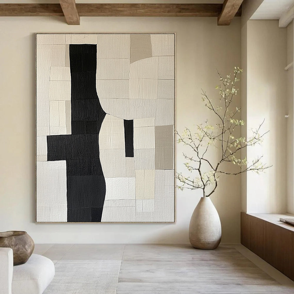 Large abstract painting featuring deconstructed doorway shapes in black grey and beige on a flat white background creating a minimalist collage effect.STSC392