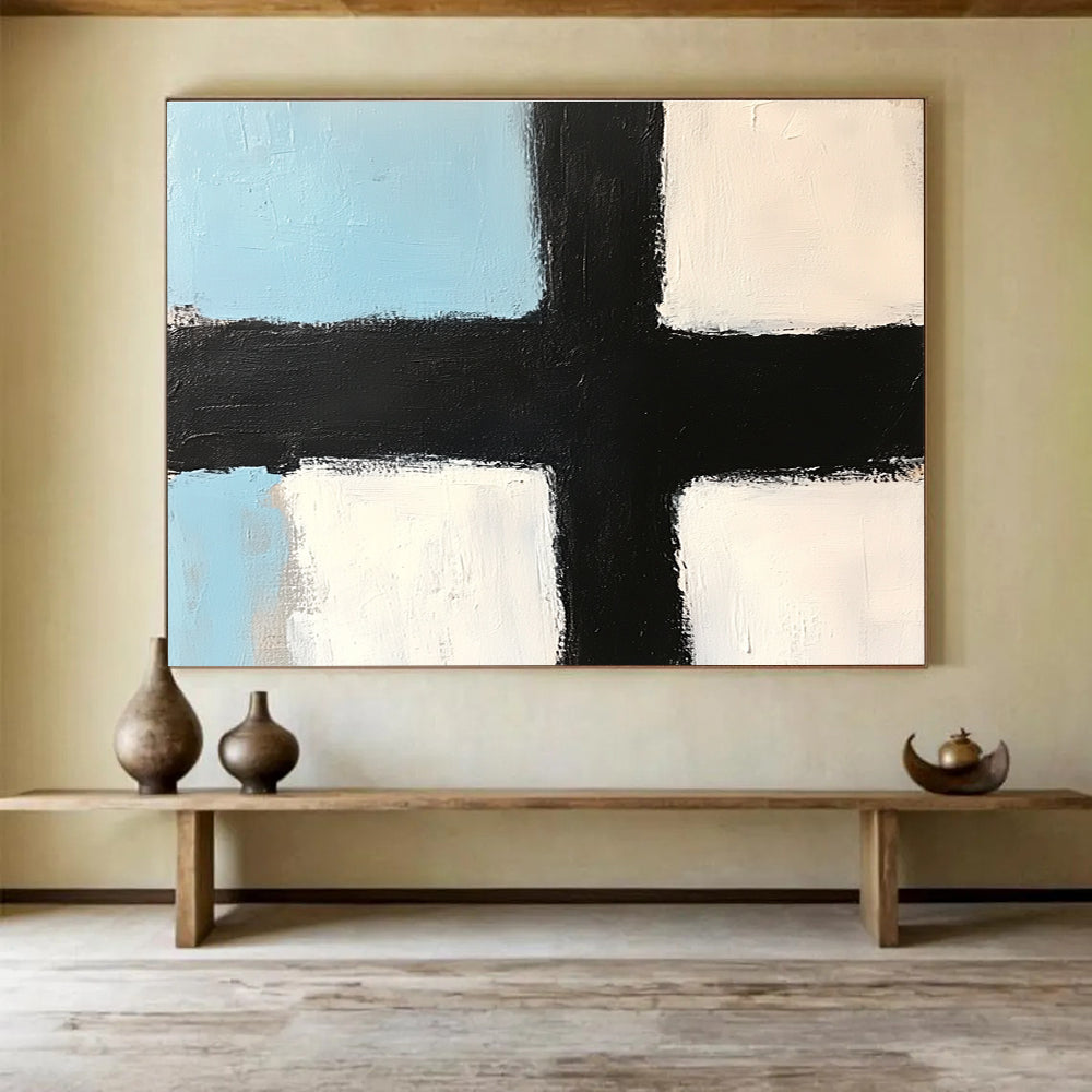 Blue White Black Geometric Abstract Painting with Clean Lines DYP309