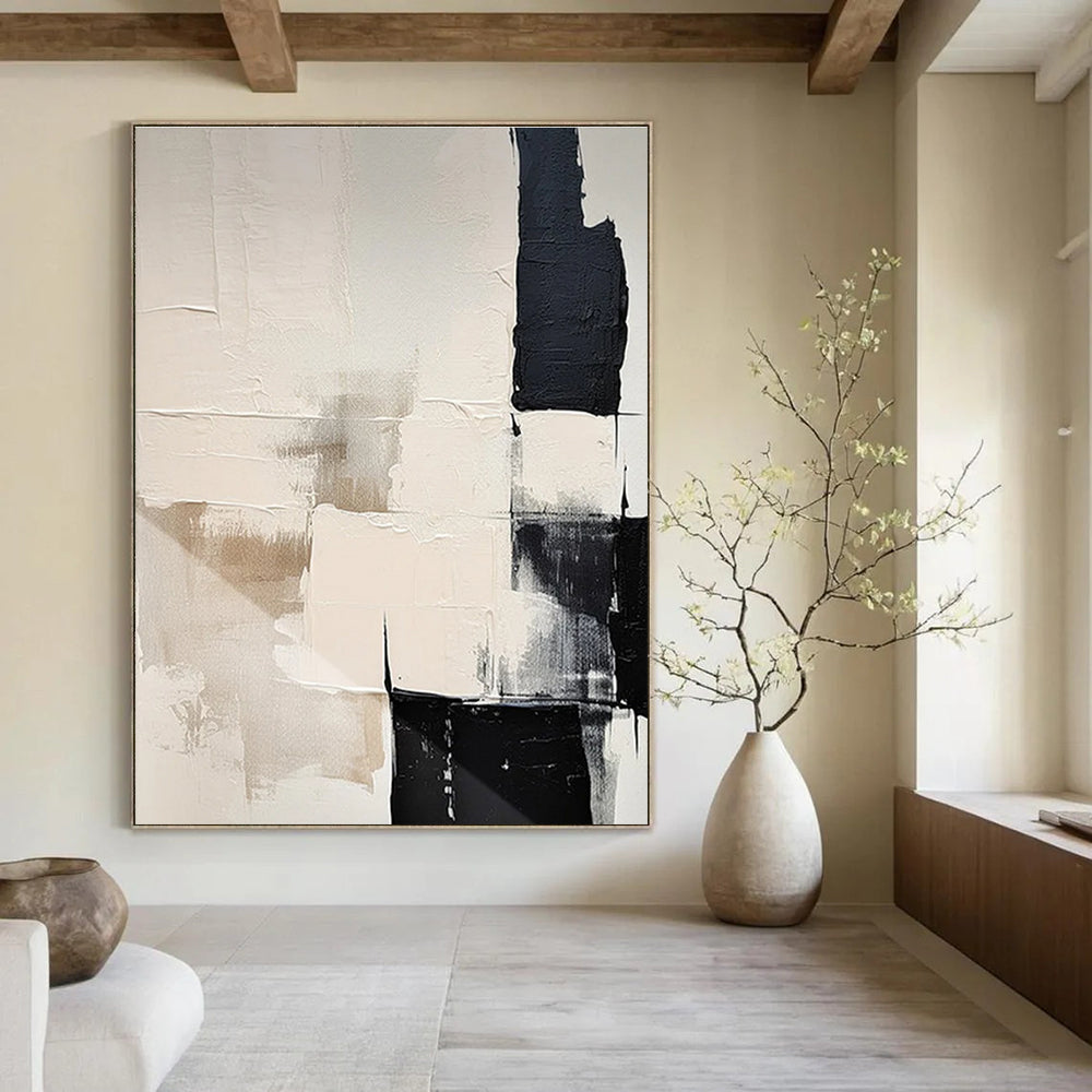 Beige and Black Textured Abstract Painting for Warm Interiors ADGE056