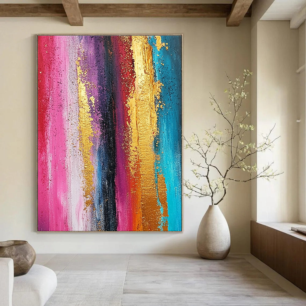 Large abstract painting featuring textured ombre rainbow colors with gold foil accents and a grunge background in vertical stripes.STSC733