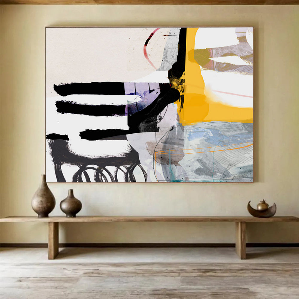 Colorful Mixed - Media Abstract Painting with Black Yellow and Purple THY112