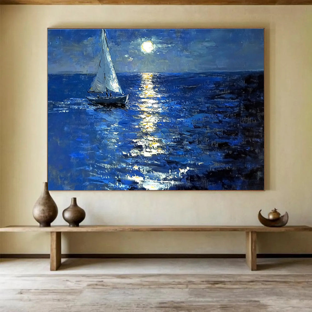 Large abstract painting depicting a sailboat on a moonlit sea with rich colors soft tonal gradations and dreamy reflections.SC604