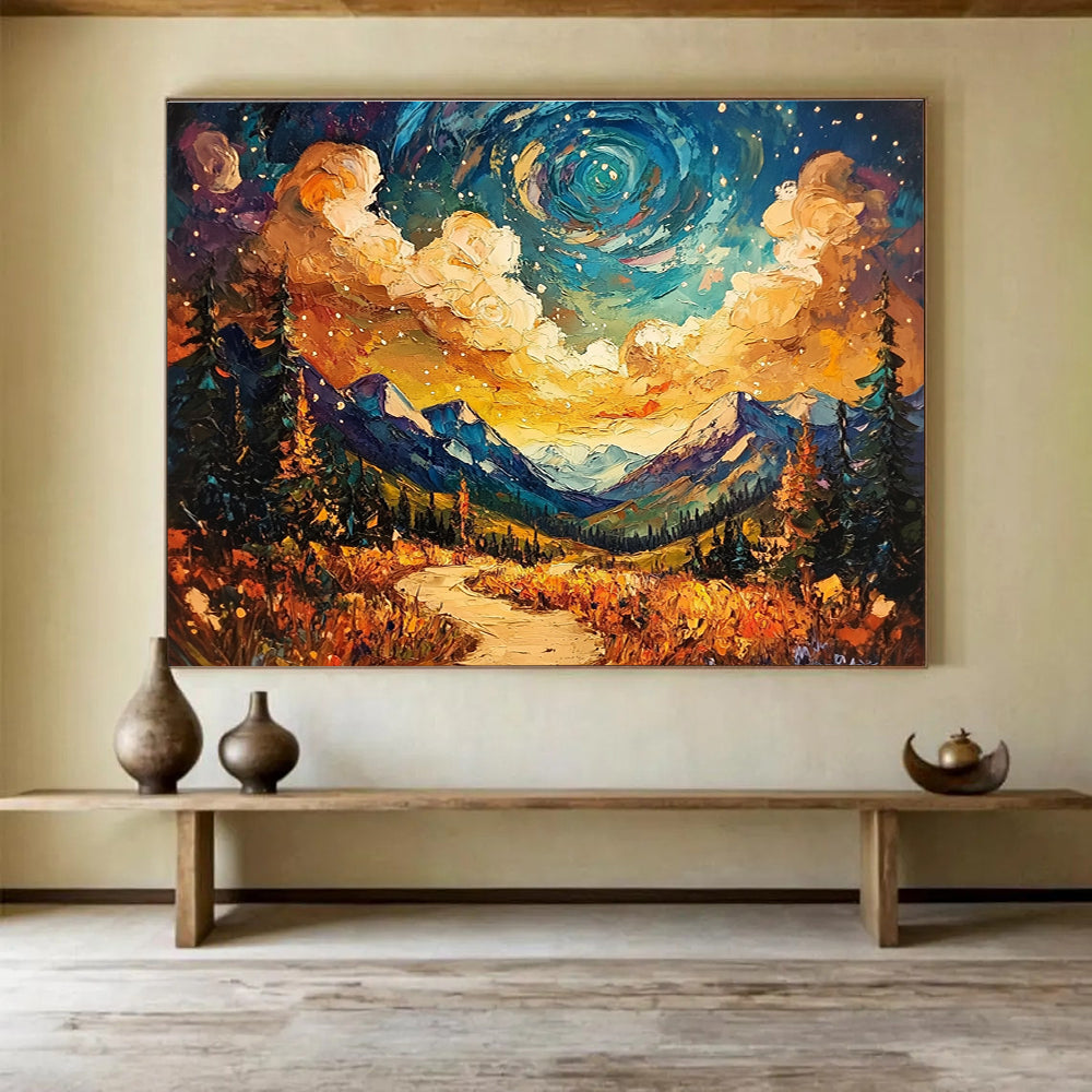 A large abstract painting capturing the Alaskan wilderness under a vibrant sky with textured brush strokes and a winding path leading through stunning colors.SC564
