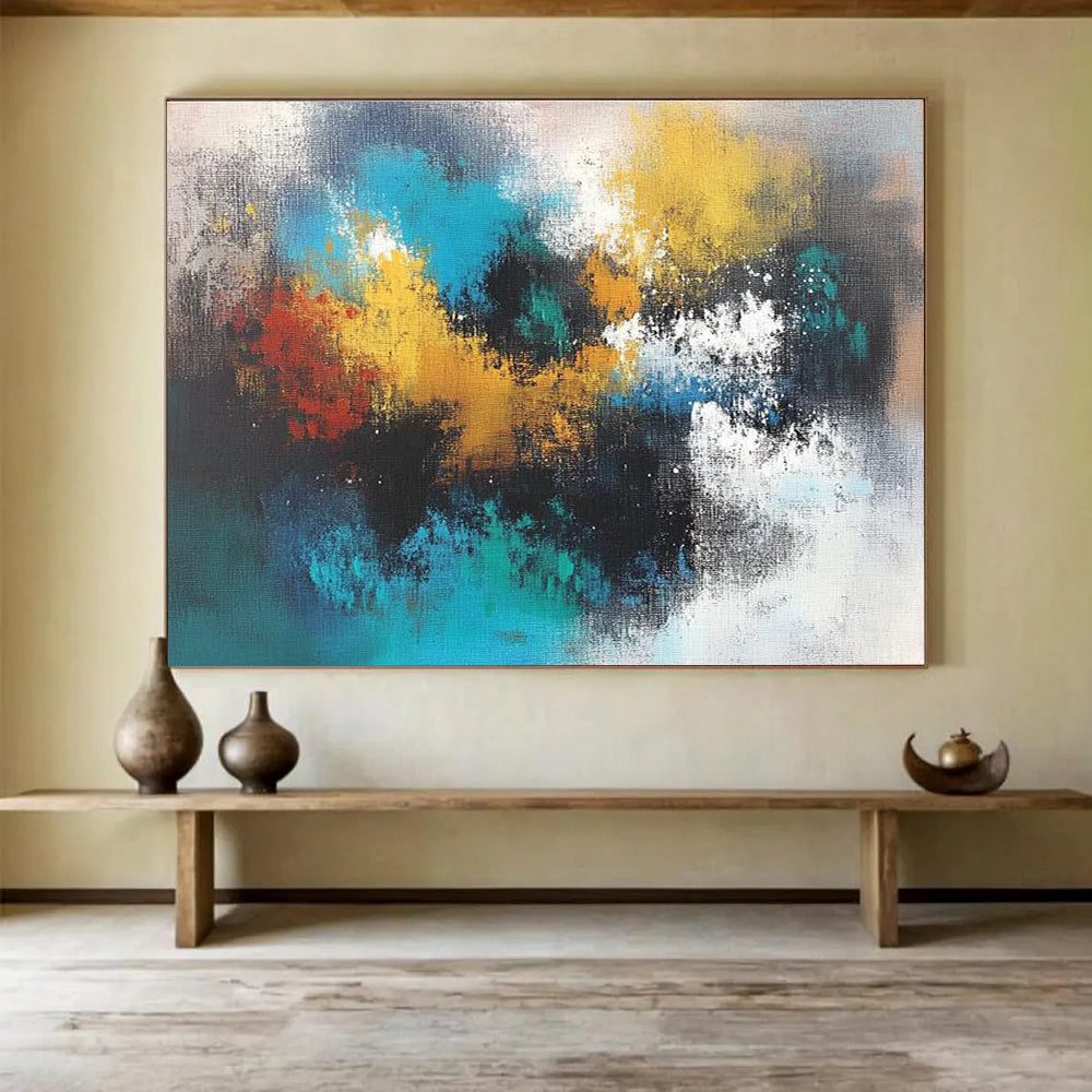 Large abstract painting featuring vibrant colors and fluid shapes perfect for modern home decor. Enhance your space with unique artistic flair.SC625