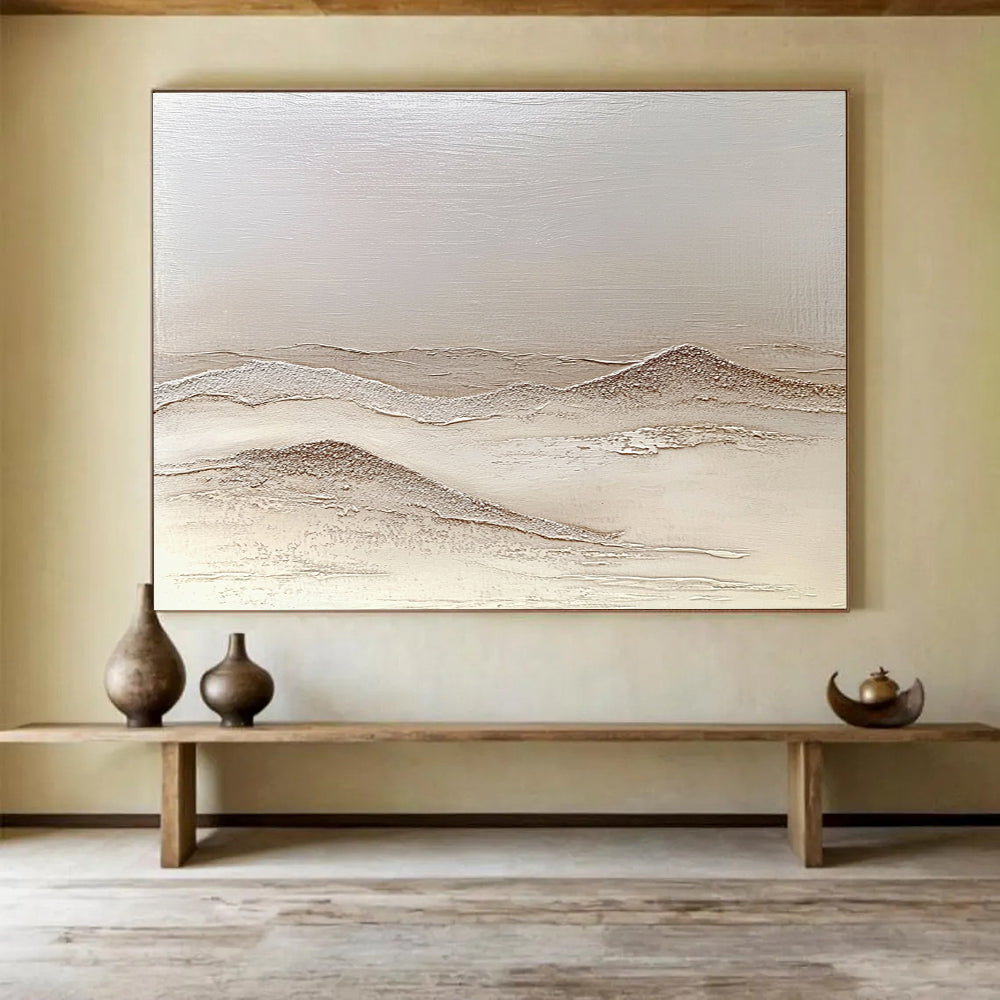 Large abstract painting depicting textured sand dunes in neutral tones with artistic desert hills creating depth and a calming atmosphere.SC622