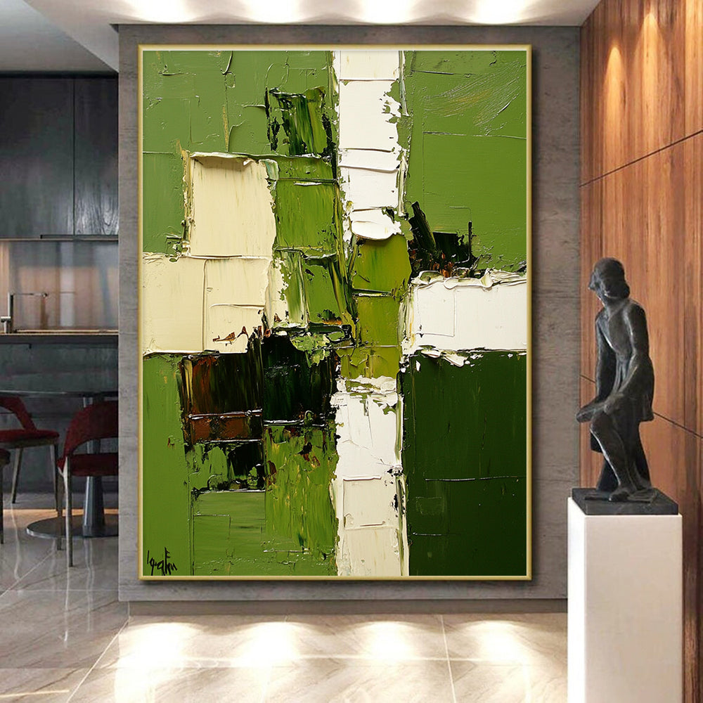 Green and White Abstract Painting with Patchwork Design GER478