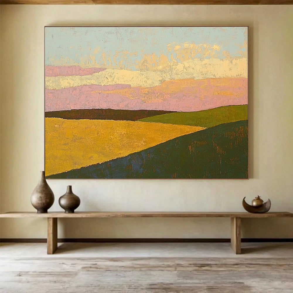 Colorful Hill Landscape Abstract Painting with Pink and Yellow Tones DYP575