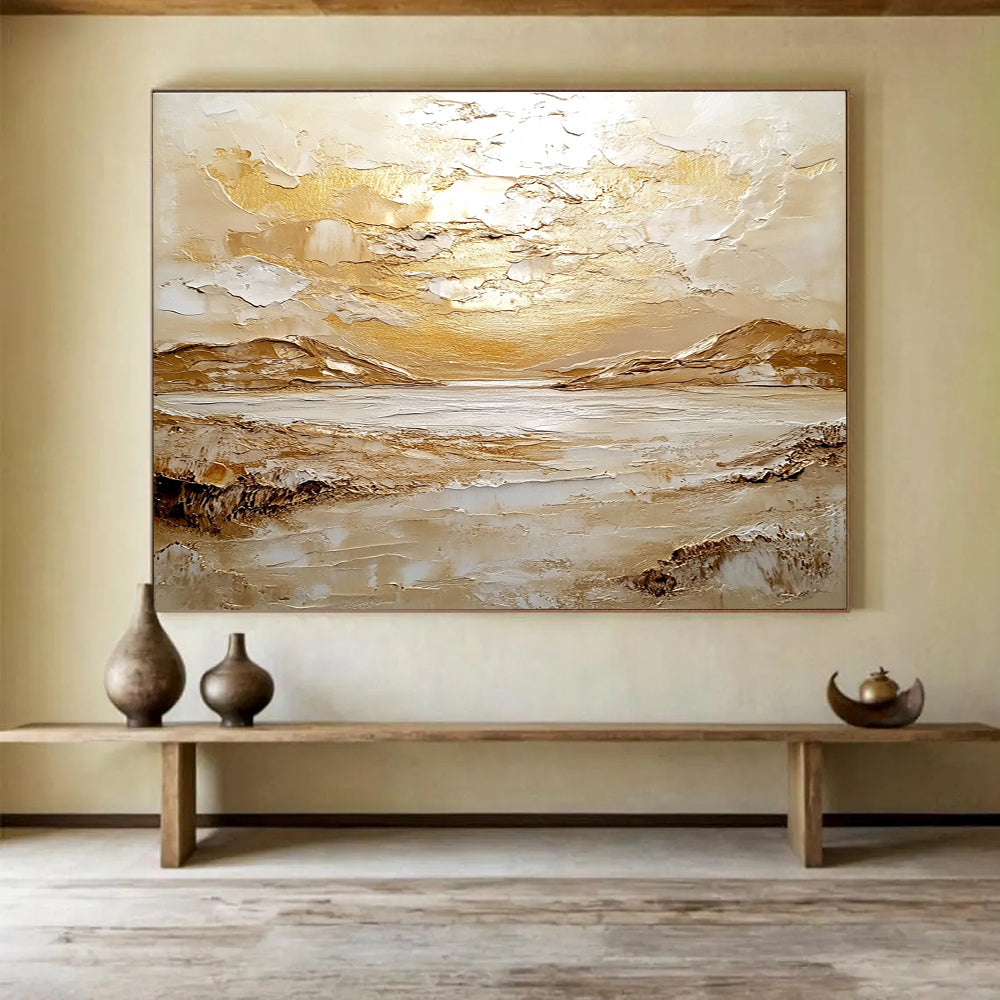 Large abstract painting inspired by Scottish Highlands featuring textured oil, golden light, endless sea, and distant mountains in soft white and beige hues.SC482