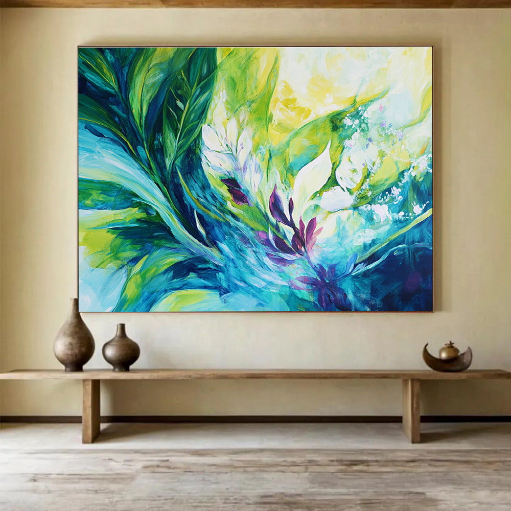 A large abstract painting featuring vibrant tropical plants in green and teal with purple accents and white flowers, showcasing dynamic energy and harmonious beauty.SC431