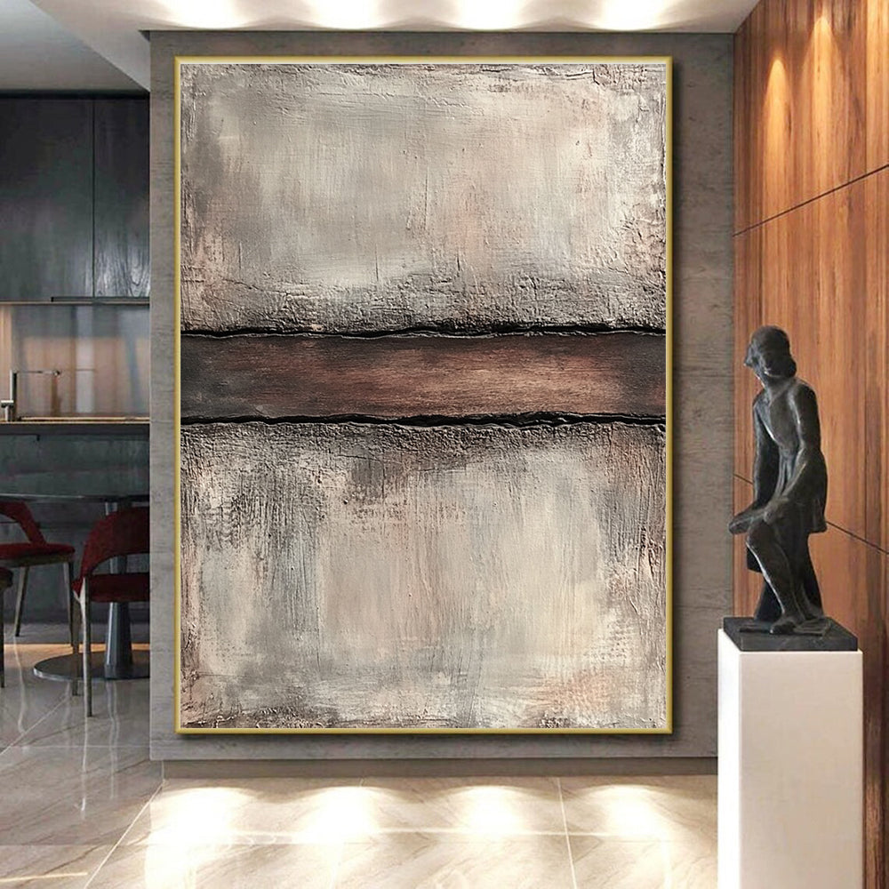 Gray and Brown Textured Abstract Painting with a Central Divide GER038