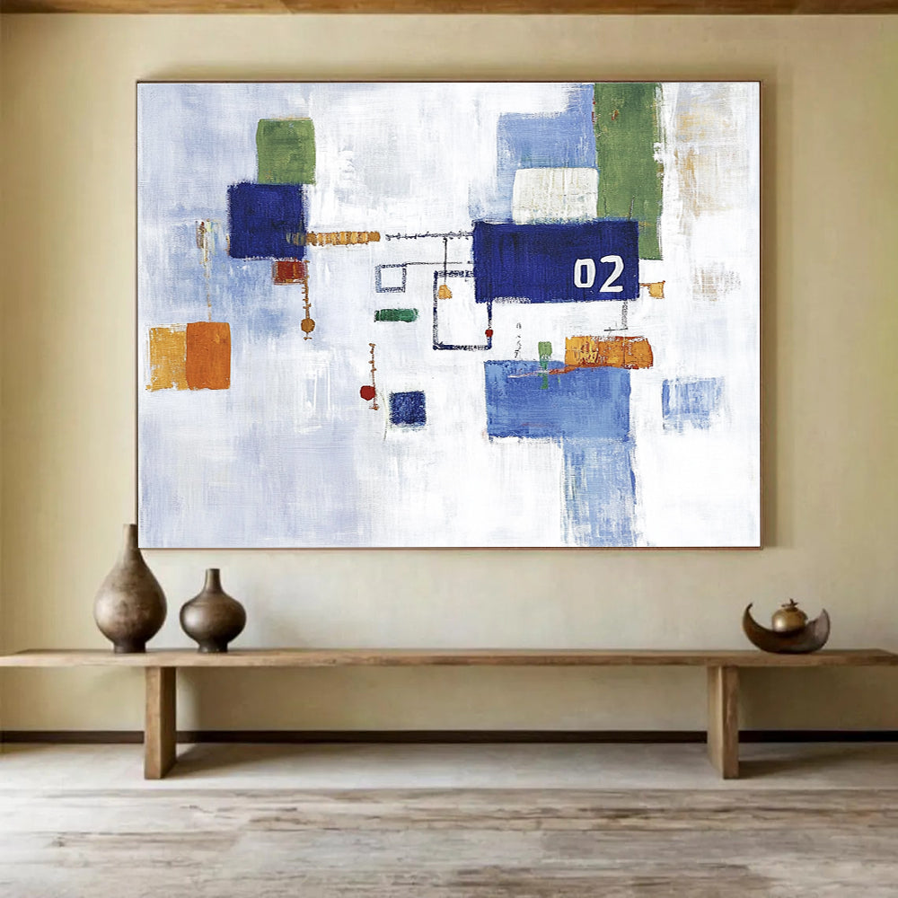 Large abstract painting featuring a white sky and blue and green cityscape with simple shapes and the number 02 at the center.SC182