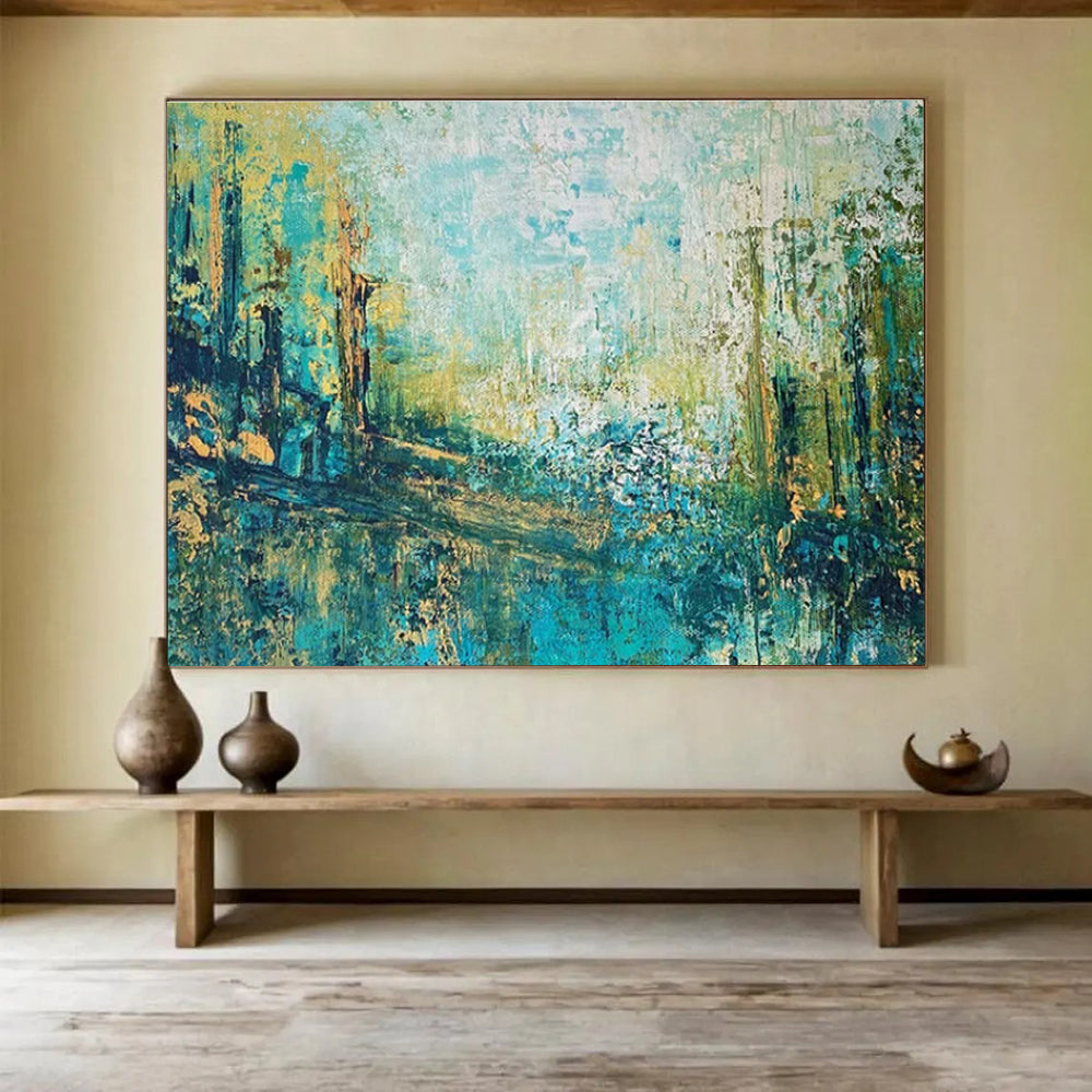 Turquoise Green Abstract Painting with Vibrant Layers THY343
