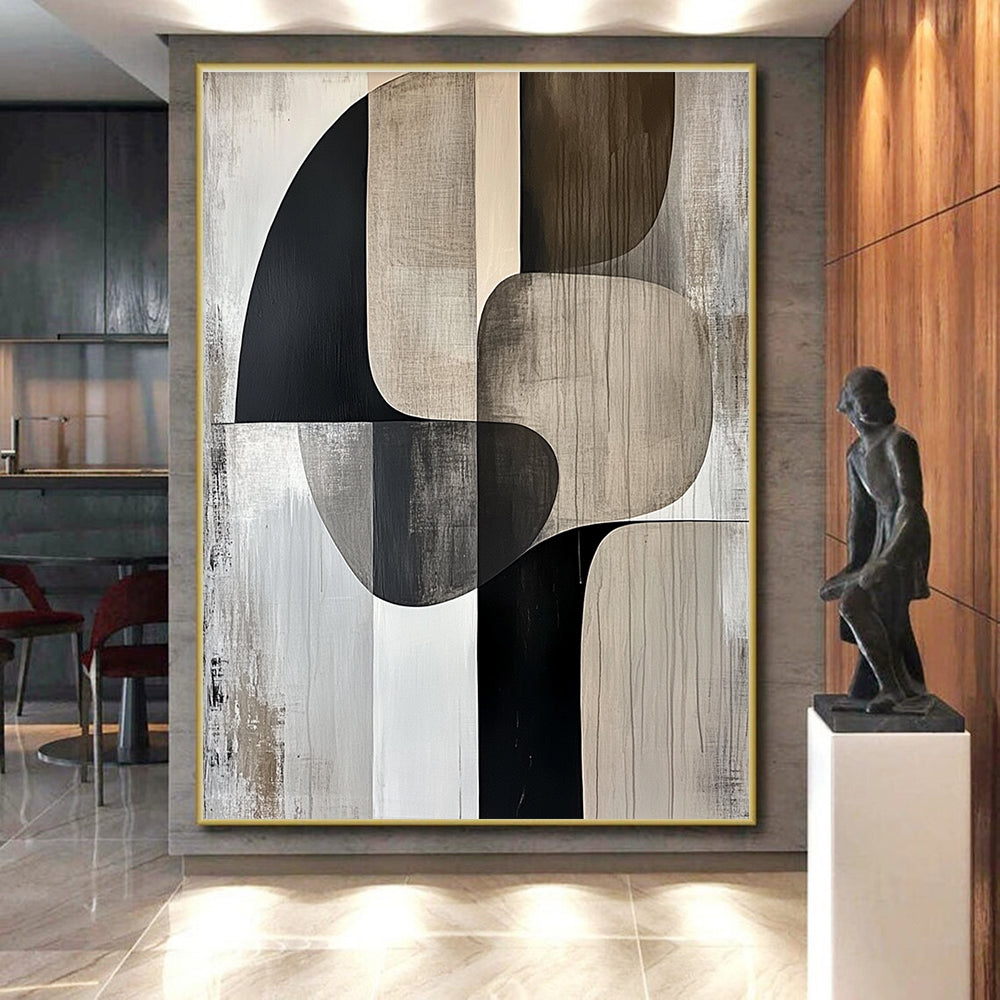 Neutral Shapes Abstract Painting with Black and Beige GER694