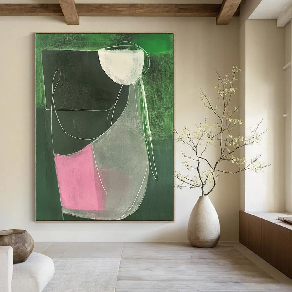 Large abstract painting featuring a female form in green and pink with minimalist white lines on dark grey canvas.STSC1297